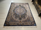 5x8 ft Silk Rug, Navy Floral Medallion, Luxury Area Rug, Classic Turkish Home Decor