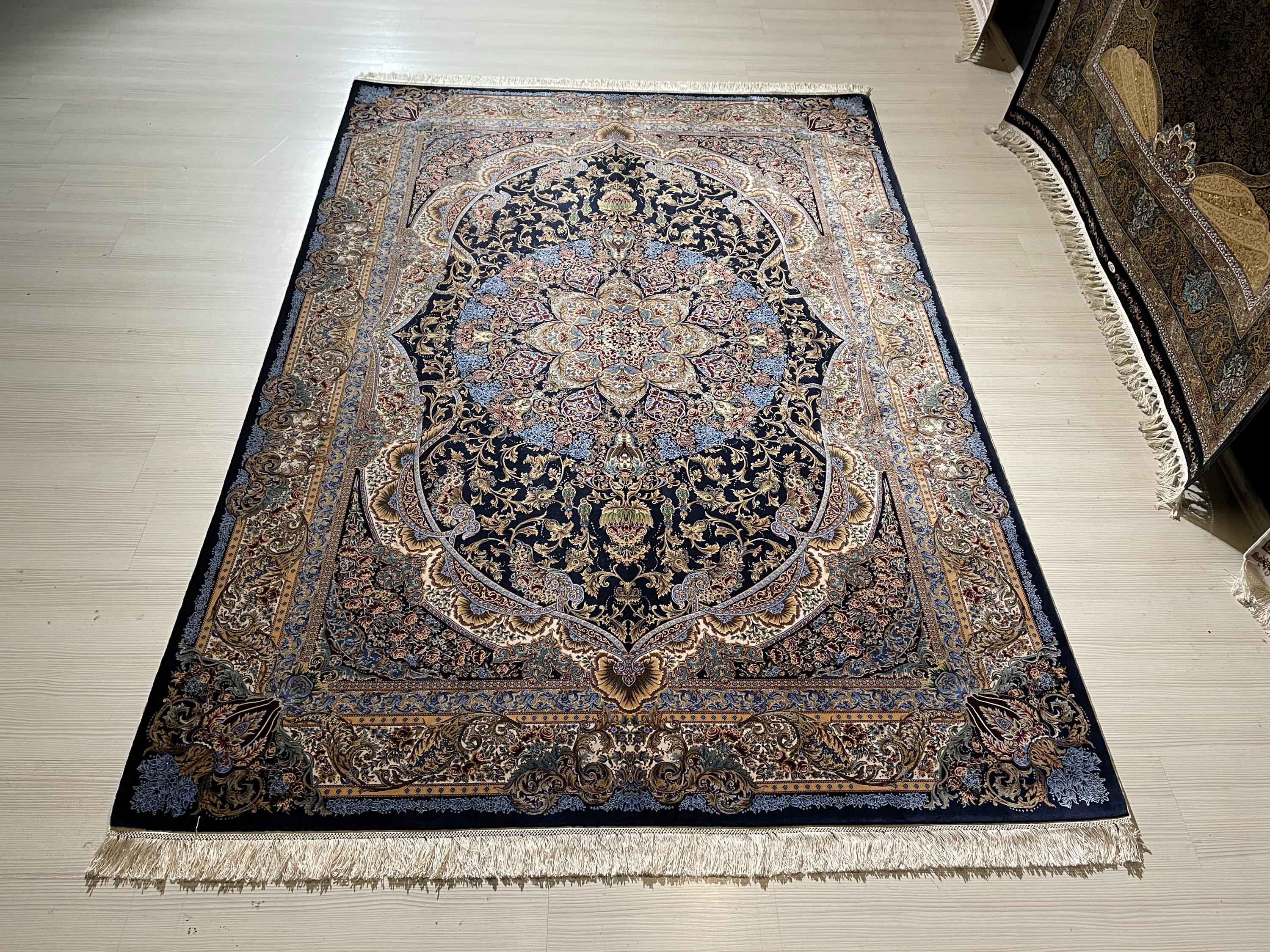 5x8 ft Silk Rug, Navy Floral Medallion, Luxury Area Rug, Classic Turkish Home Decor