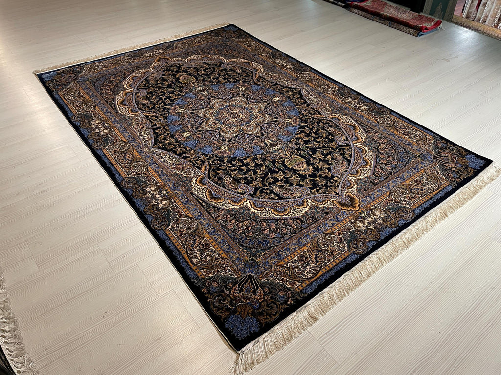 5x8 ft Silk Rug, Navy Floral Medallion, Luxury Area Rug, Classic Turkish Home Decor