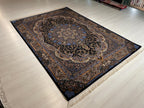 5x8 ft Silk Rug, Navy Floral Medallion, Luxury Area Rug, Classic Turkish Home Decor