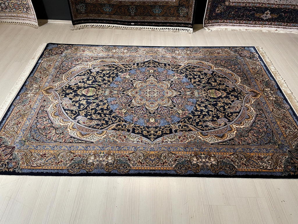 5x8 ft Silk Rug, Navy Floral Medallion, Luxury Area Rug, Classic Turkish Home Decor