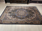 5x8 ft Silk Rug, Navy Floral Medallion, Luxury Area Rug, Classic Turkish Home Decor