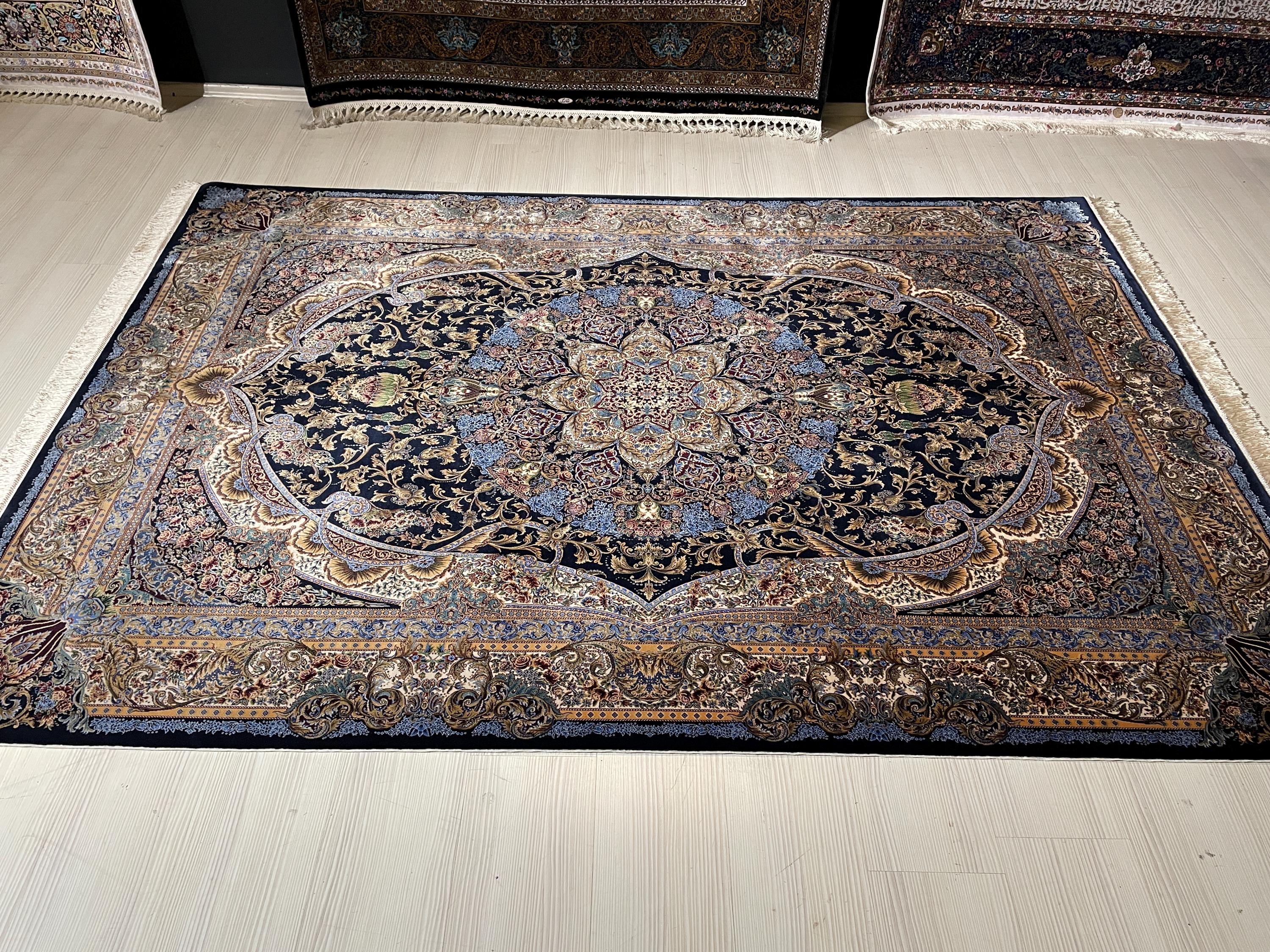 5x8 ft Silk Rug, Navy Floral Medallion, Luxury Area Rug, Classic Turkish Home Decor