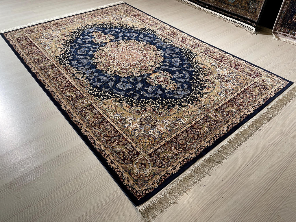 5x8 ft Silk Rug, Navy Floral Medallion, Classic Luxury Area Rug, Elegant Turkish Home Decor