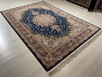 5x8 ft Silk Rug, Navy Floral Medallion, Classic Luxury Area Rug, Elegant Turkish Home Decor