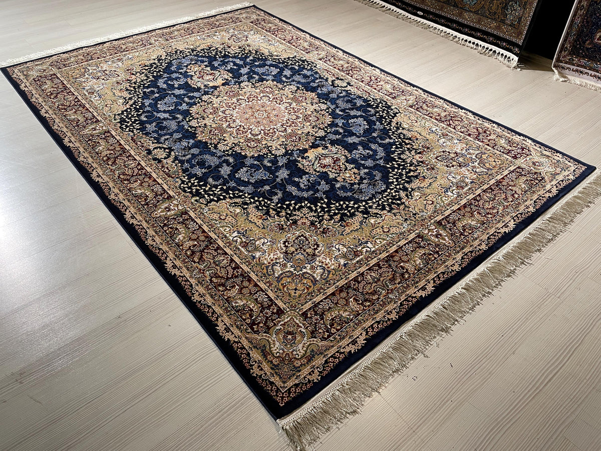 5x8 ft Silk Rug, Navy Floral Medallion, Classic Luxury Area Rug, Elegant Turkish Home Decor