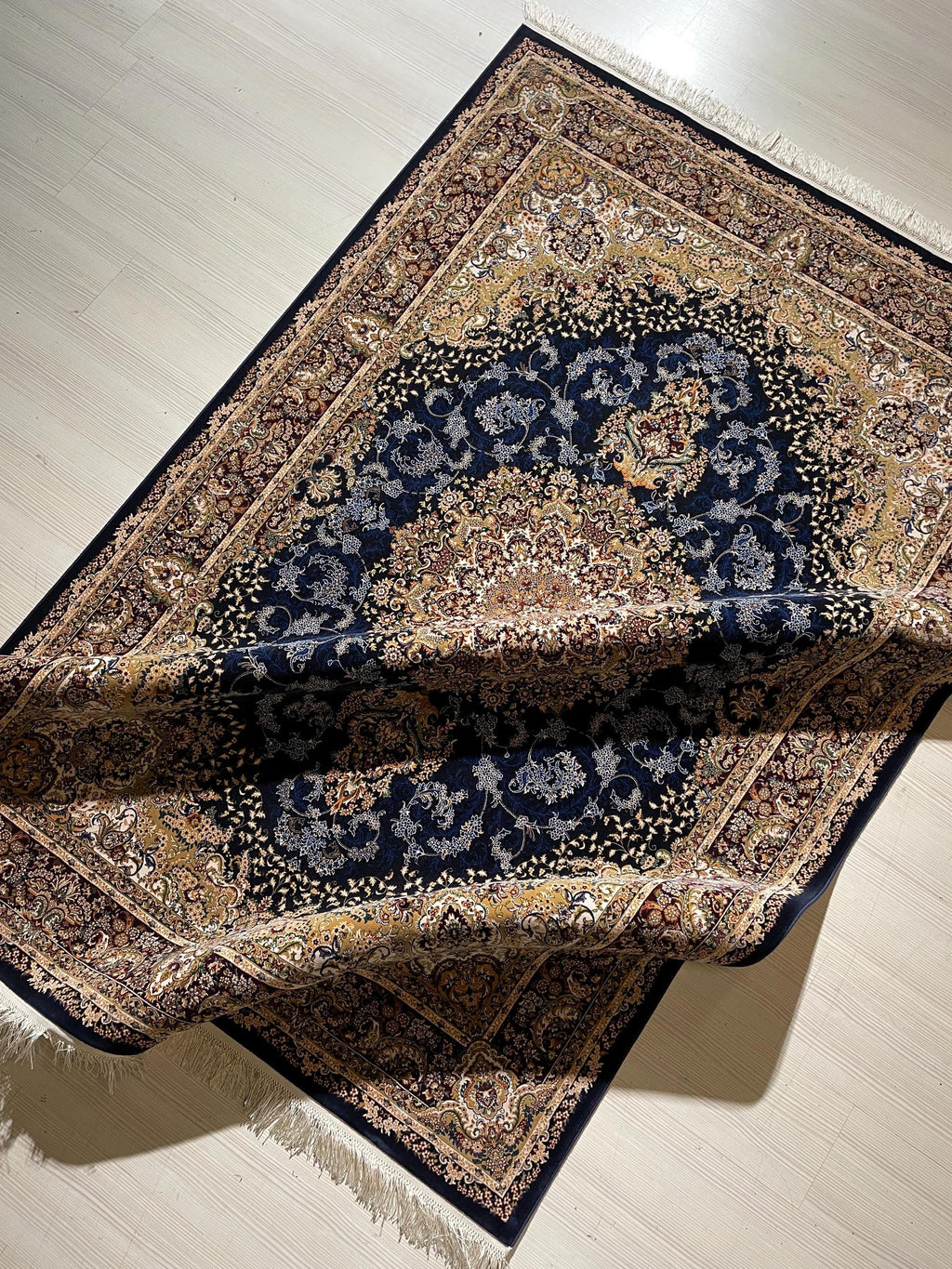 5x8 ft Silk Rug, Navy Floral Medallion, Classic Luxury Area Rug, Elegant Turkish Home Decor