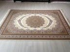 6x8 ft Silk Ivory Medallion Rug, Luxury Living Room Carpet, Traditional Floral Rug