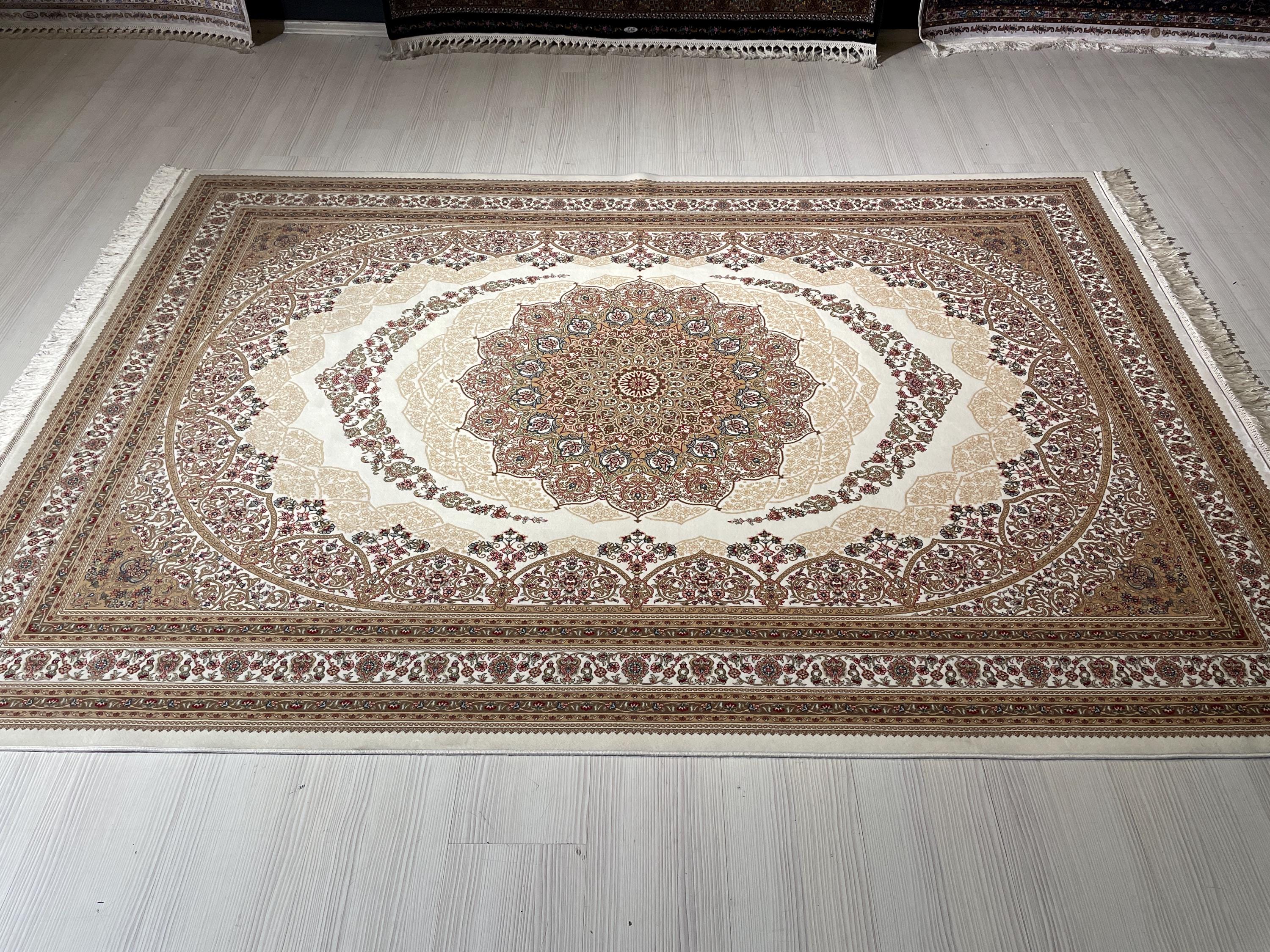 6x8 ft Silk Ivory Medallion Rug, Luxury Living Room Carpet, Traditional Floral Rug