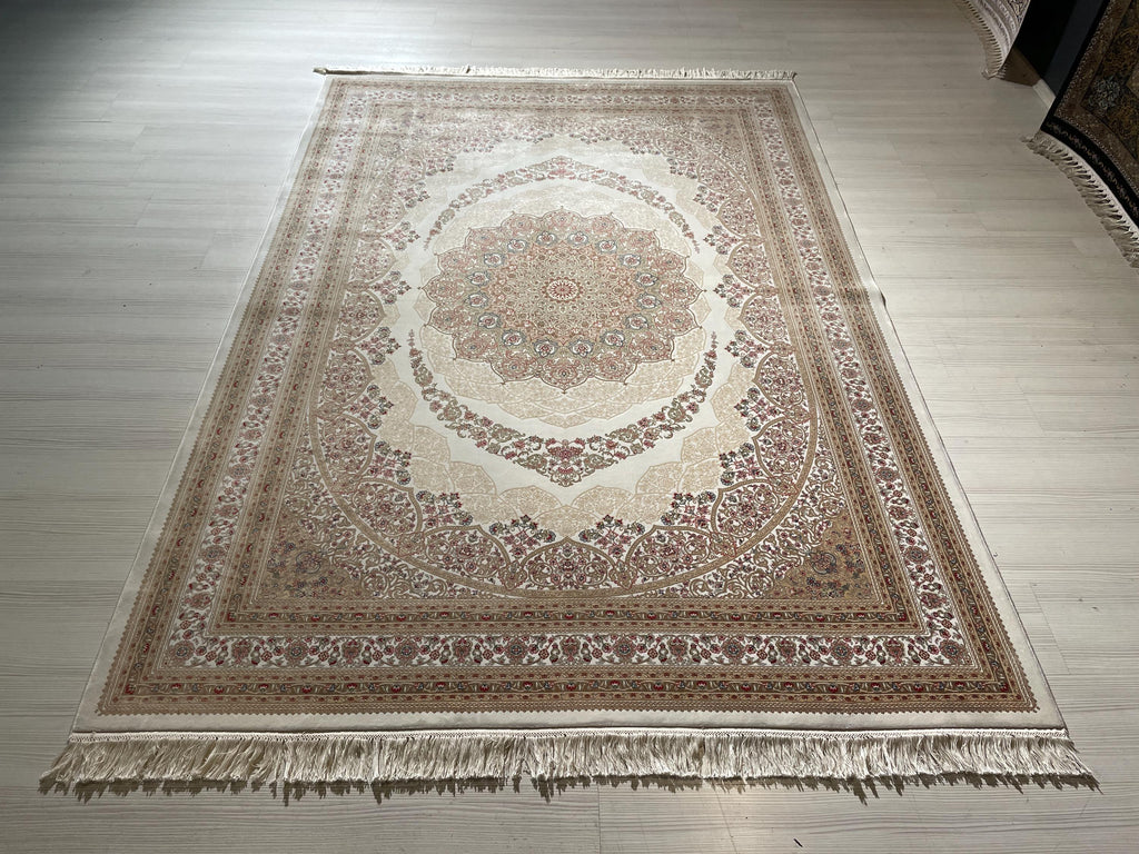 6x8 ft Silk Ivory Medallion Rug, Luxury Living Room Carpet, Traditional Floral Rug