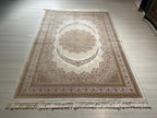 6x8 ft Silk Ivory Medallion Rug, Luxury Living Room Carpet, Traditional Floral Rug