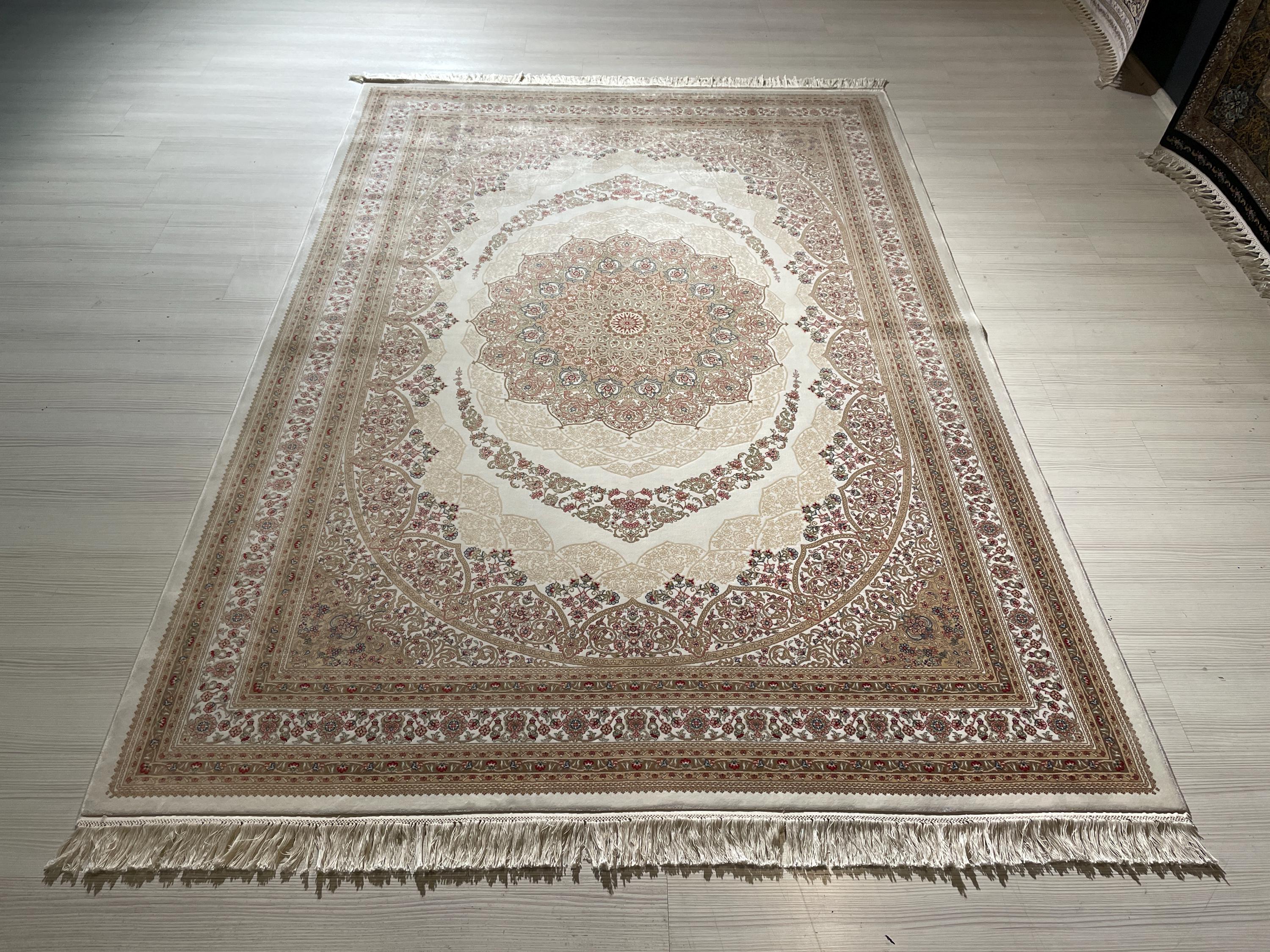 6x8 ft Silk Ivory Medallion Rug, Luxury Living Room Carpet, Traditional Floral Rug