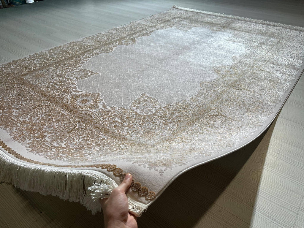 5x8 ft Modal Silk Ivory Rug, Turkish Carpet, Elegant Living Room Rug, Vintage Border Design