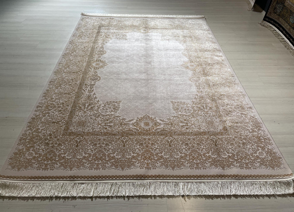 5x8 ft Modal Silk Ivory Rug, Turkish Carpet, Elegant Living Room Rug, Vintage Border Design