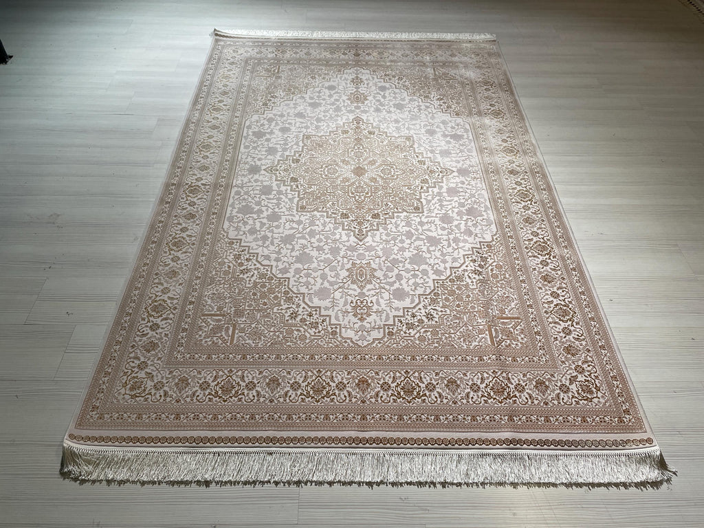 5x8 ft Modal Silk Area Rug, Ivory Medallion Rug, Turkish Style Carpet