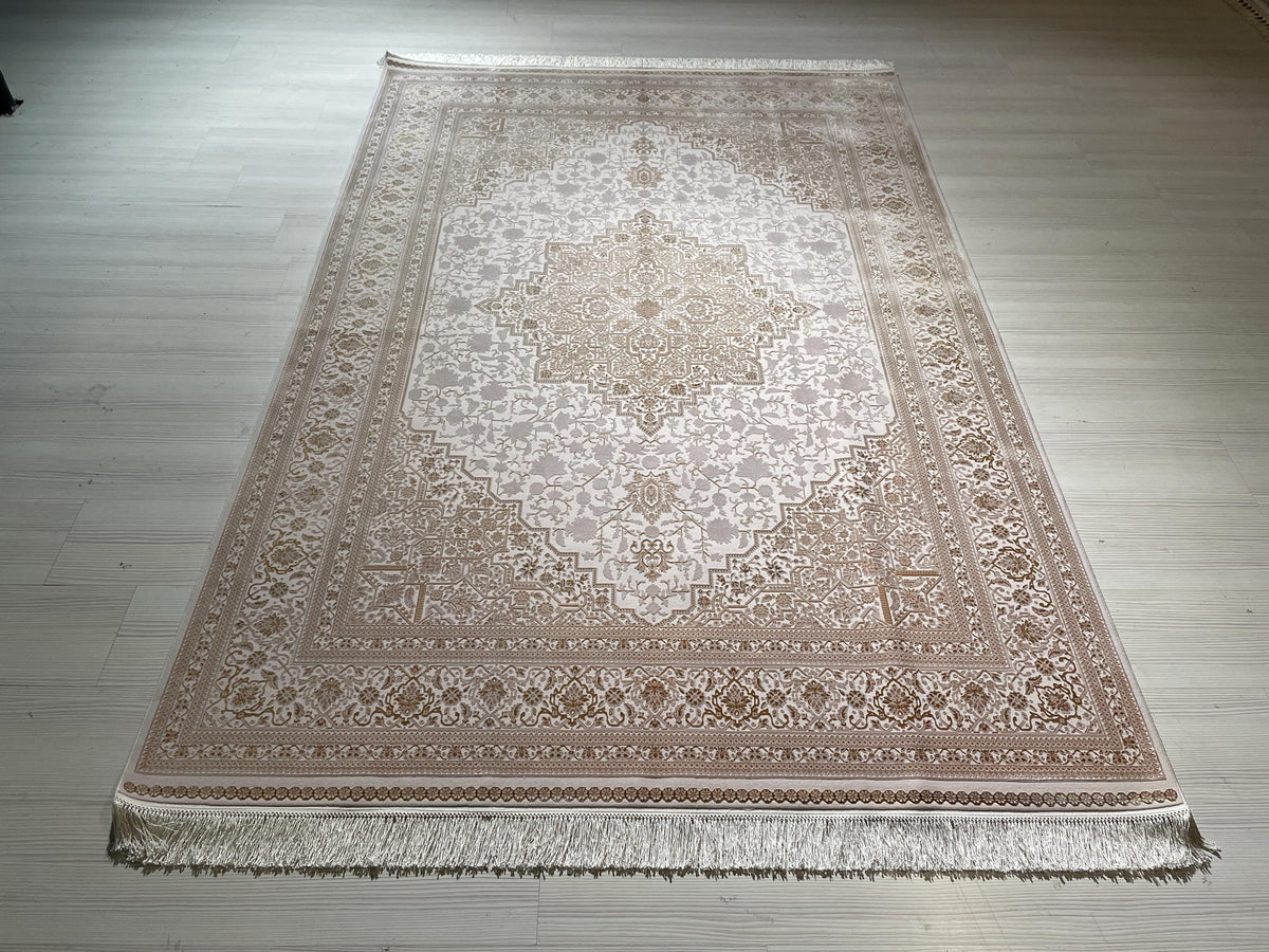5x8 ft Modal Silk Area Rug, Ivory Medallion Rug, Turkish Style Carpet