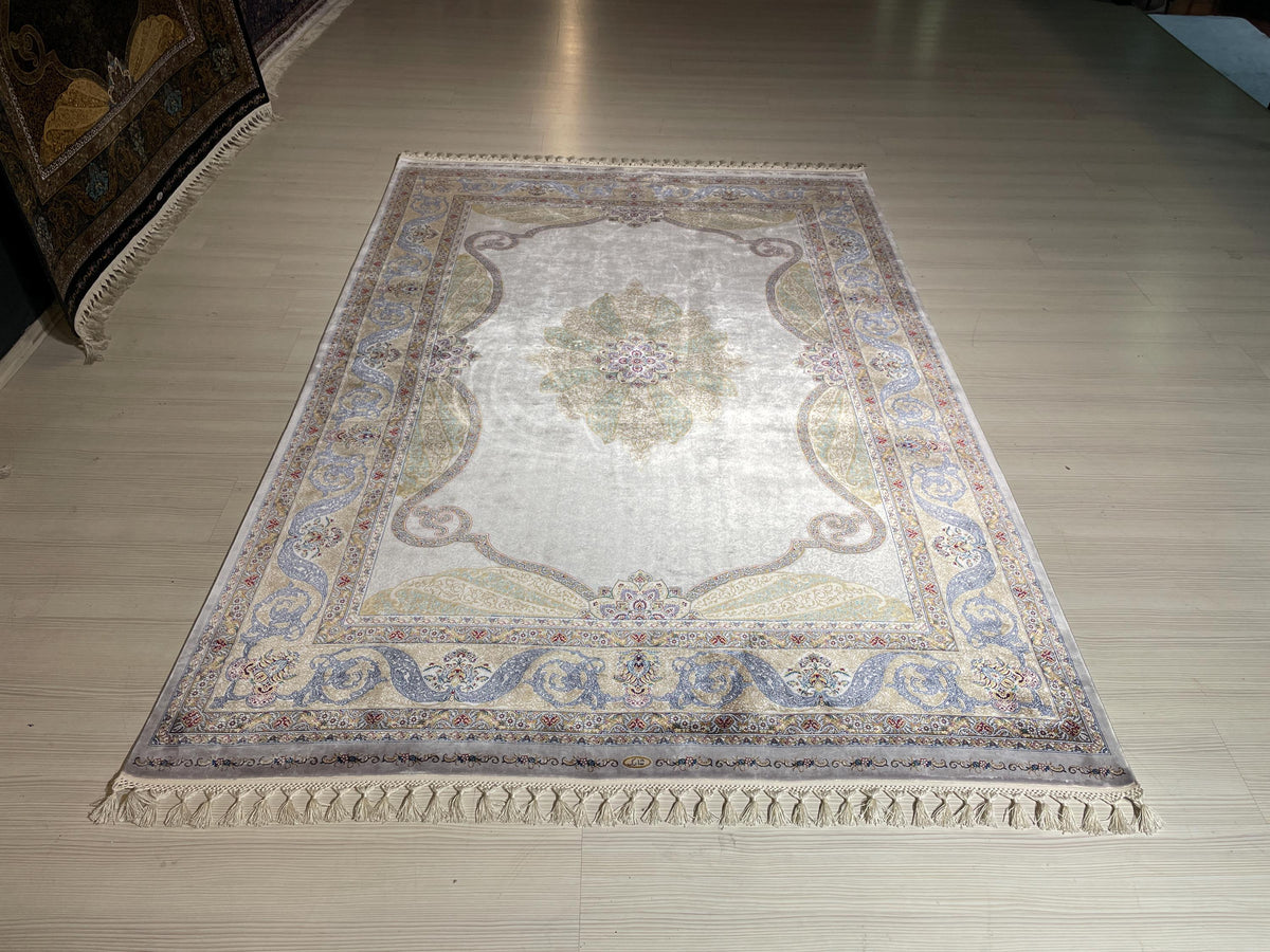 5x8 ft Gray Floral Medallion Modal Silk Rug, Luxury Living Room Area Rug
