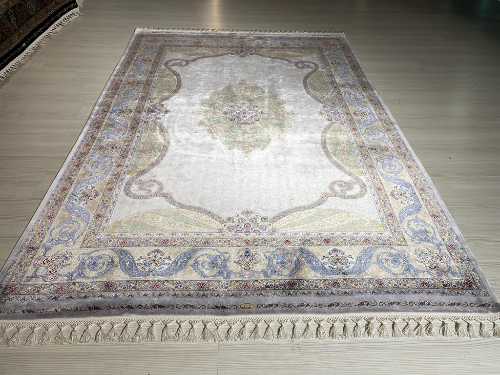 5x8 ft Gray Floral Medallion Modal Silk Rug, Luxury Living Room Area Rug