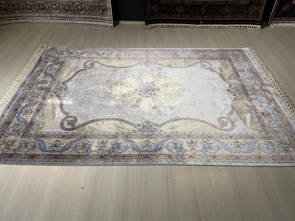 5x8 ft Gray Floral Medallion Modal Silk Rug, Luxury Living Room Area Rug