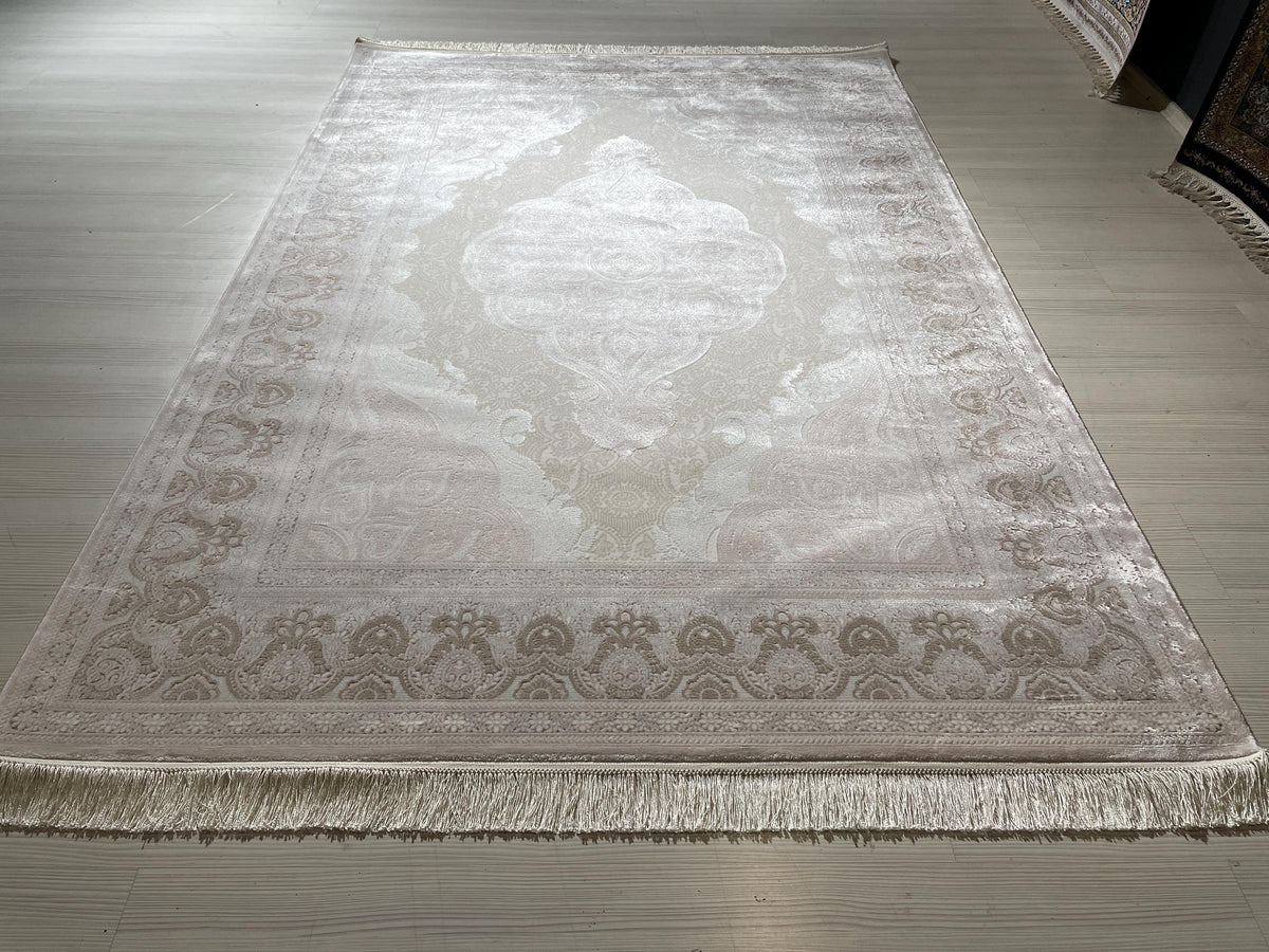 5x8 ft Beige Brown Bamboo Area Rug, Medallion Carpet, Elegant Living Room Rug