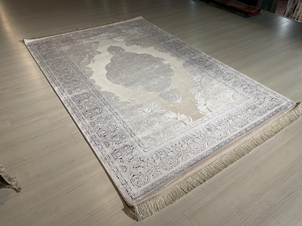 5x8 ft Beige Navy Blue Bamboo Area Rug, Medallion Rug, Turkish Luxury Carpet