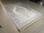 5x8 ft Beige Navy Blue Bamboo Area Rug, Medallion Rug, Turkish Luxury Carpet