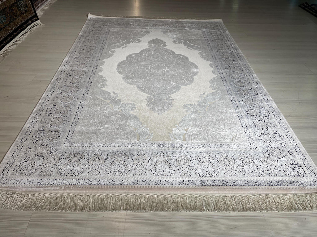 5x8 ft Beige Navy Blue Bamboo Area Rug, Medallion Rug, Turkish Luxury Carpet
