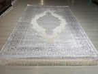 5x8 ft Beige Navy Blue Bamboo Area Rug, Medallion Rug, Turkish Luxury Carpet