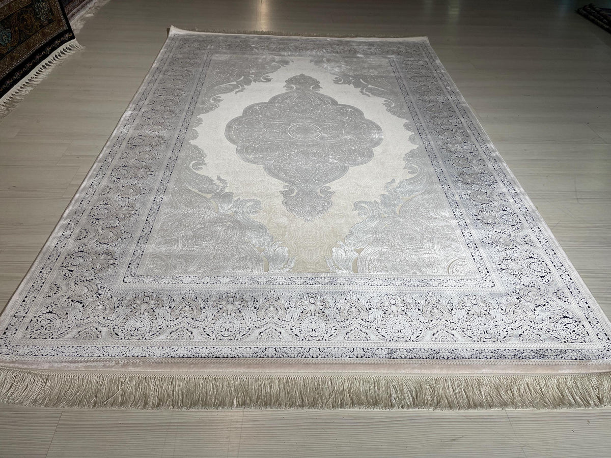 5x8 ft Beige Navy Blue Bamboo Area Rug, Medallion Rug, Turkish Luxury Carpet