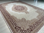 5x8 ft Burgundy Ivory Bamboo Area Rug, Turkish Luxury Carpet, Classic Living Room Rug