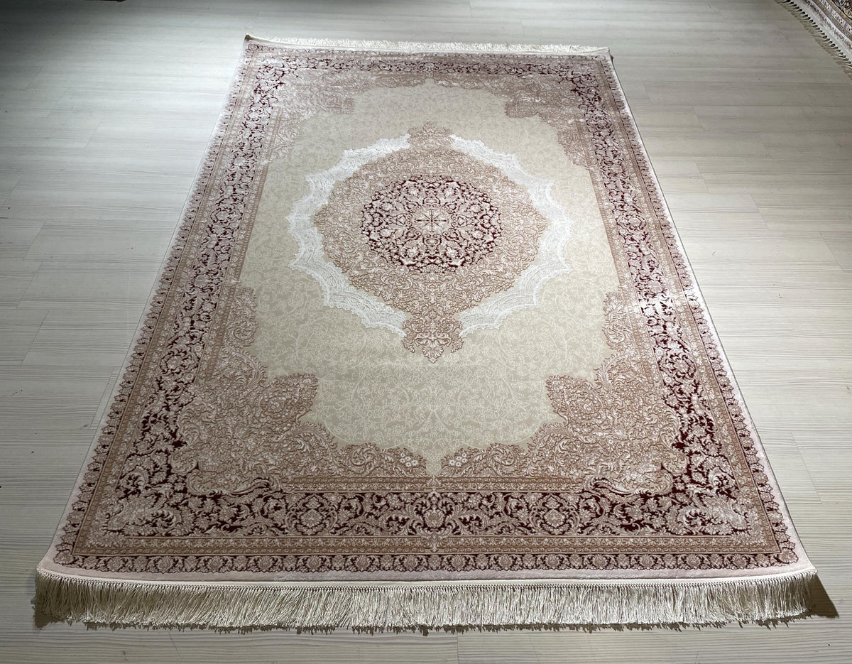 5x8 ft Burgundy Ivory Bamboo Area Rug, Turkish Luxury Carpet, Classic Living Room Rug