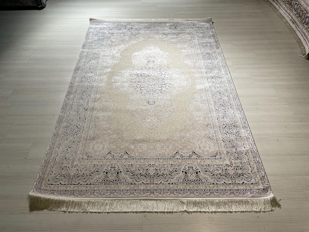 5x8 ft Ivory Navy Blue Bamboo Rug, Medallion Design, Turkish Luxury Carpet