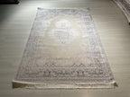 5x8 ft Ivory Navy Blue Bamboo Rug, Medallion Design, Turkish Luxury Carpet