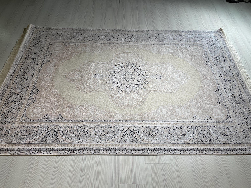5x8 ft Ivory Navy Blue Bamboo Rug, Medallion Design, Turkish Luxury Carpet