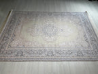5x8 ft Ivory Navy Blue Bamboo Rug, Medallion Design, Turkish Luxury Carpet