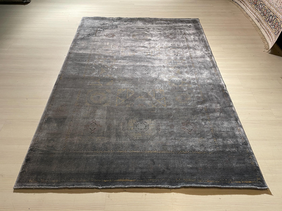 5x8 ft Smoky Gray Geometric Bamboo Rug, Luxury Modern Living Room Rug