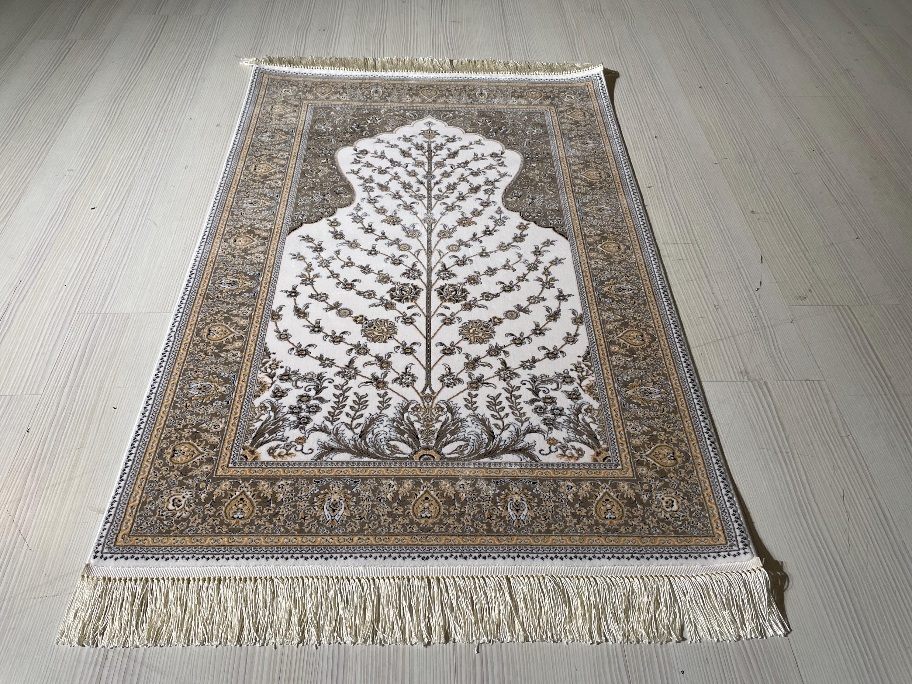 Tree of Life Bamboo Prayer Rug, Islamic Turkish Prayer Mat, Beige Floral Sajjadah