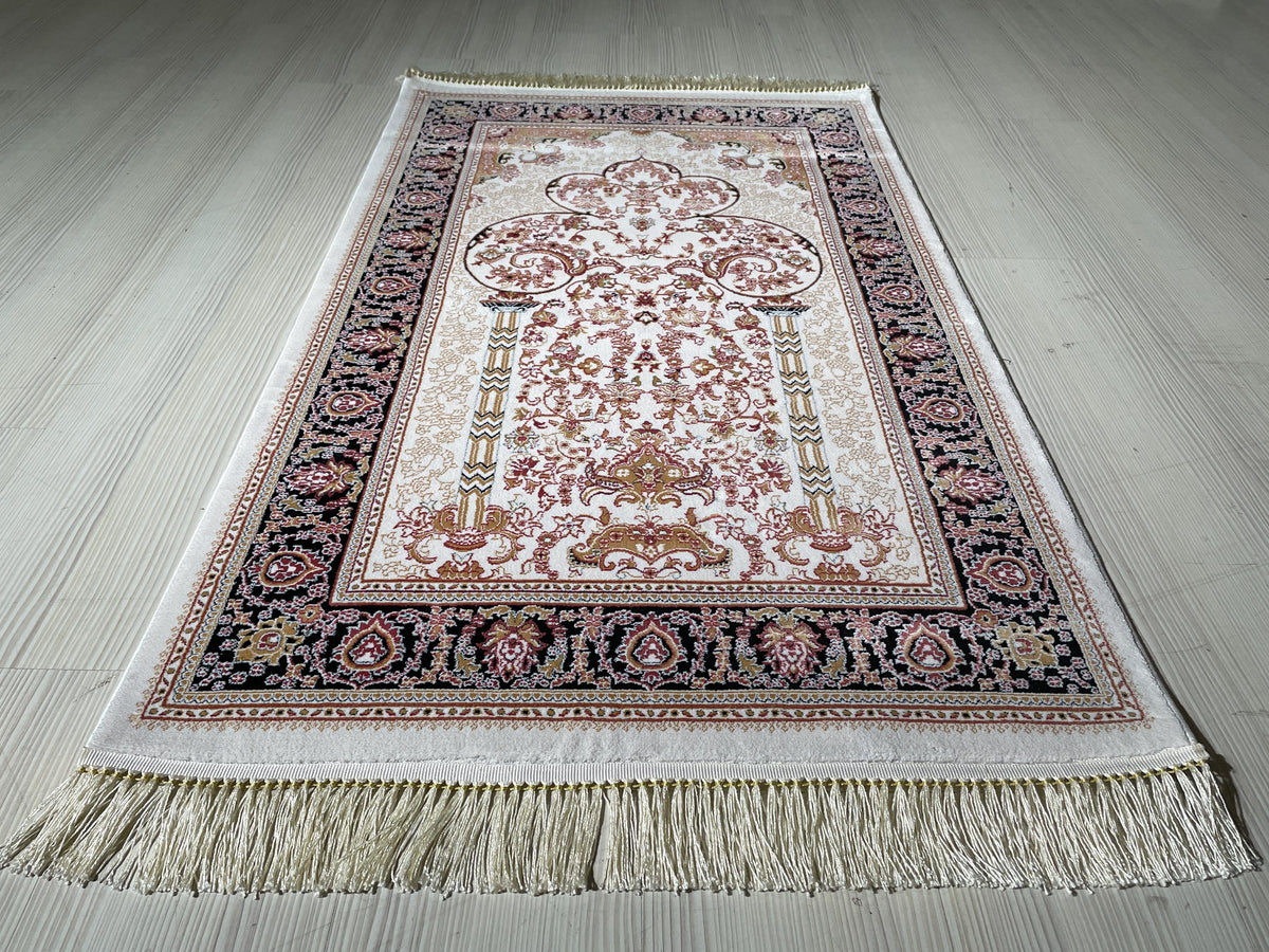 Rose Mihrab Bamboo Prayer Rug, Turkish Islamic Prayer Mat, Floral Muslim Gift