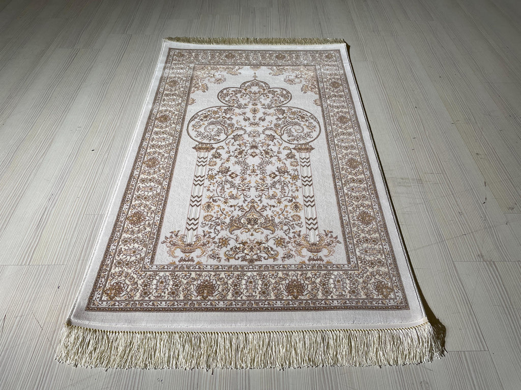 Ivory Mihrab Bamboo Silk Prayer Rug, Turkish Islamic Prayer Mat, Beige Floral Sajjadah