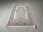 Ivory Mihrab Bamboo Silk Prayer Rug, Turkish Islamic Prayer Mat, Beige Floral Sajjadah