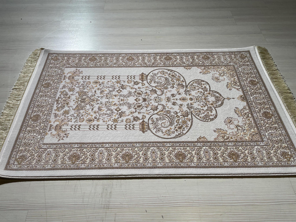 Ivory Mihrab Bamboo Silk Prayer Rug, Turkish Islamic Prayer Mat, Beige Floral Sajjadah