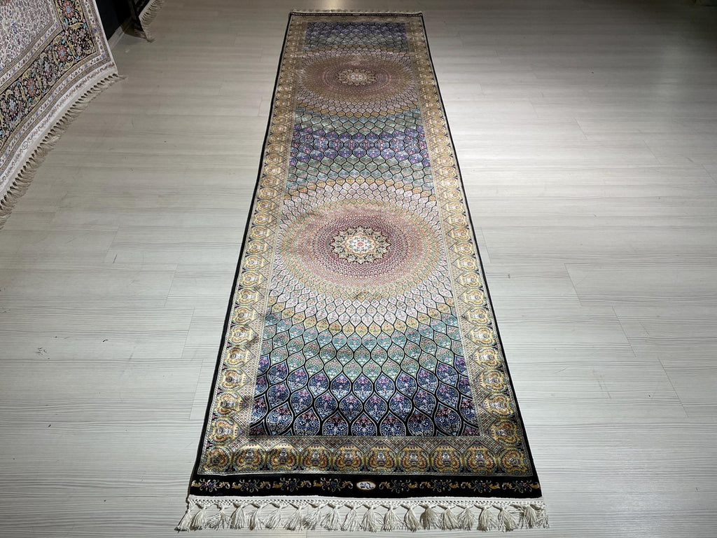 3x10 ft Black Colorful Silk Long Runner Rug, Turkish Style, Modern Luxury Hallway Rug