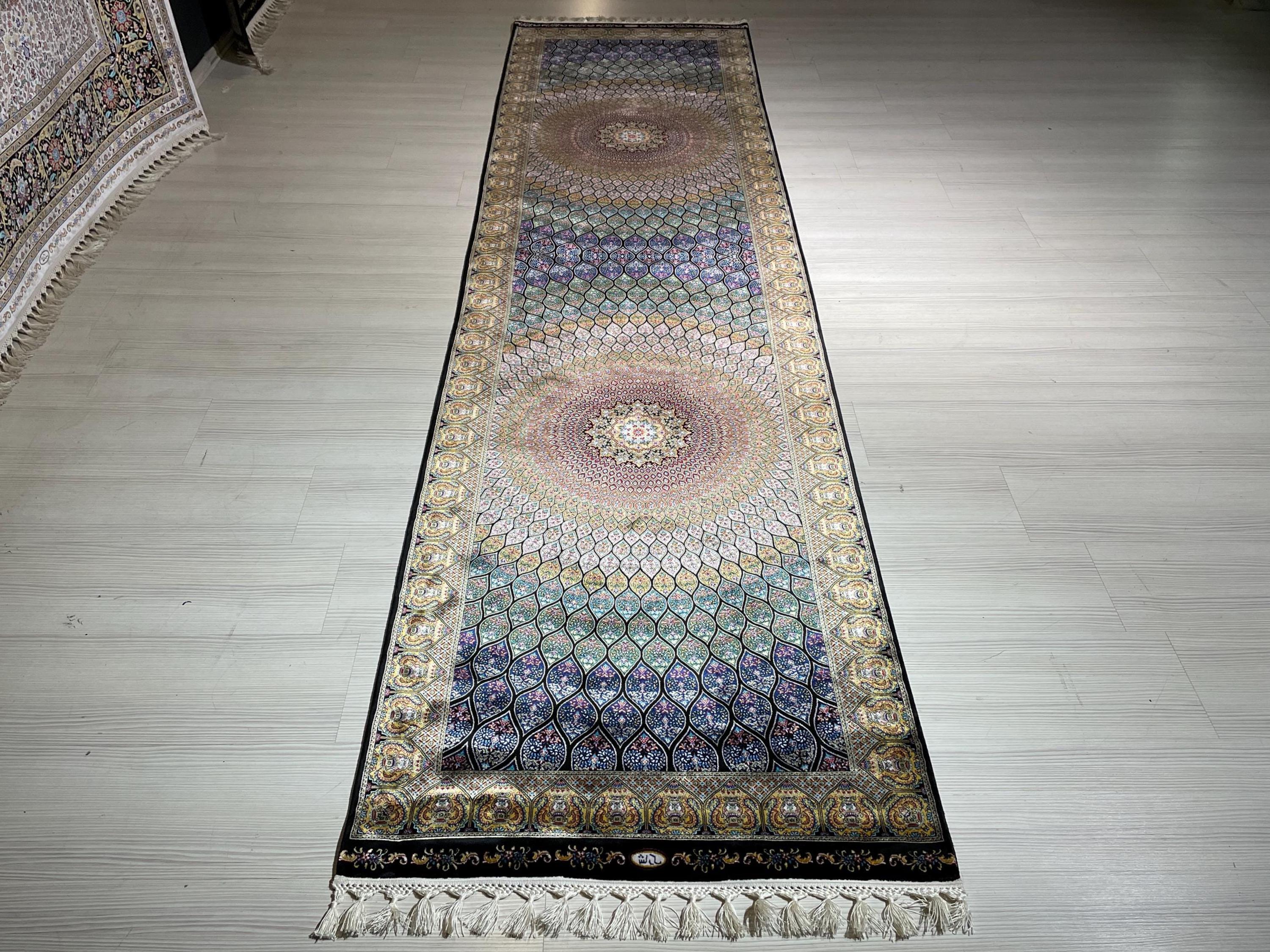 3x10 ft Black Colorful Silk Long Runner Rug, Turkish Style, Modern Luxury Hallway Rug