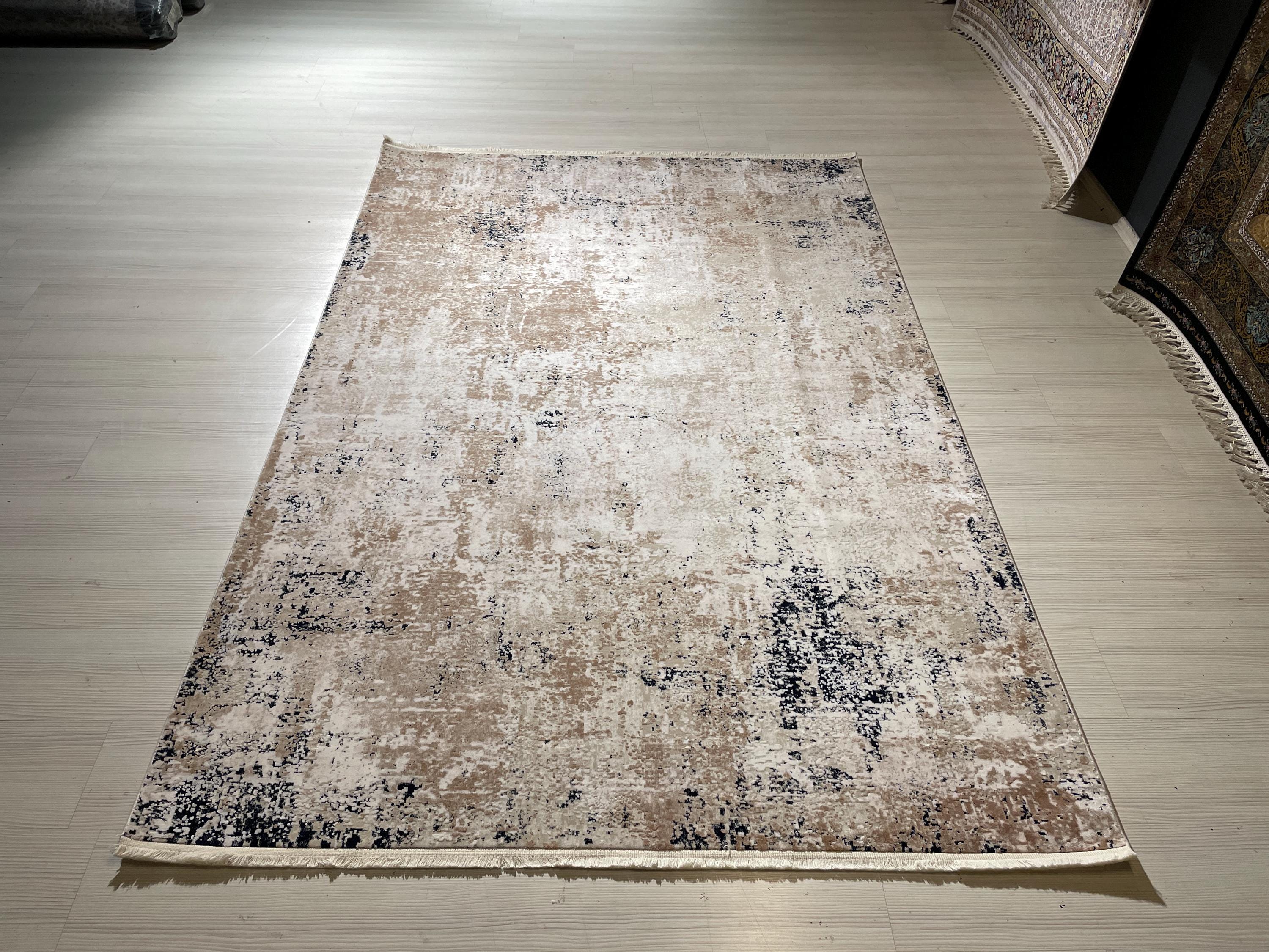 5x8 ft Beige Abstract Bamboo Rug, Modern Area Rug, Neutral Living Room Carpet