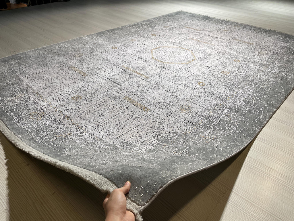 5x8 ft Gray Bamboo Rug, Vintage Medallion Area Rug, Modern Living Room Carpet