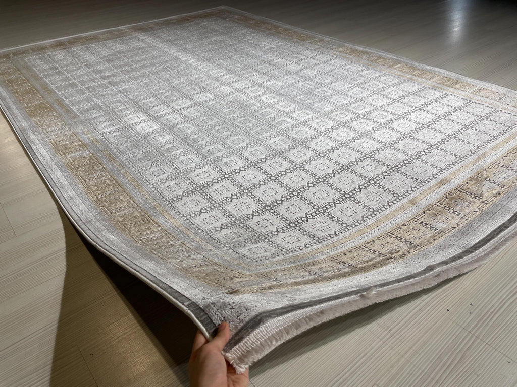 5x8 ft Beige Bamboo Rug, Geometric Border Area Rug, Neutral Living Room Carpet