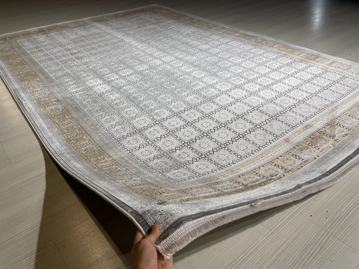 5x8 ft Beige Bamboo Rug, Geometric Border Area Rug, Neutral Living Room Carpet