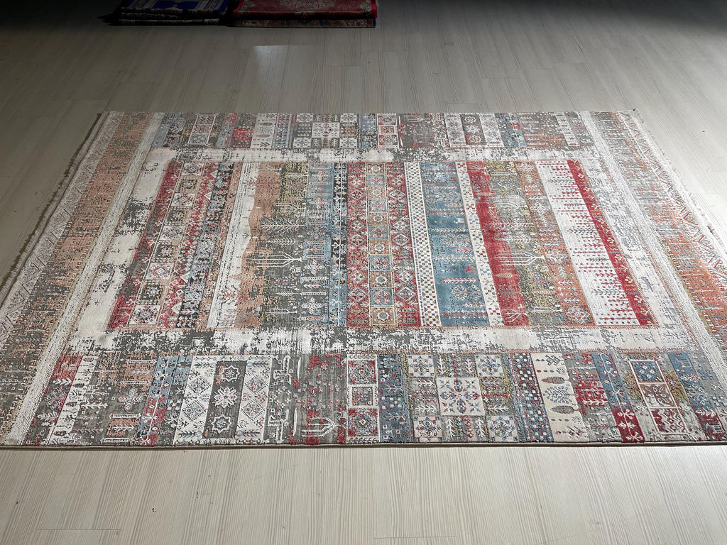 5x8 ft Boho Tribal Bamboo Rug, Multicolor Area Rug, Southwestern Living Room Carpet