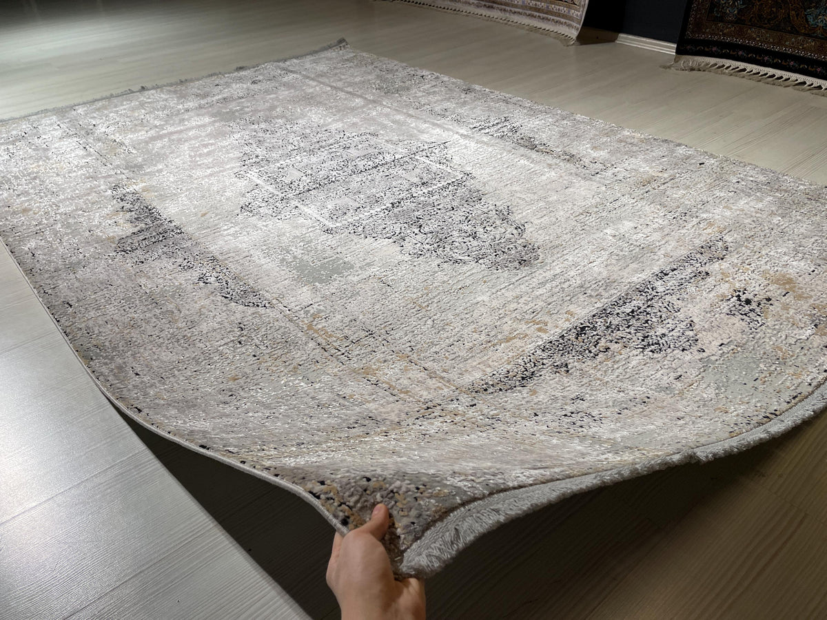 5x8 ft Beige Bamboo Rug, Distressed Medallion Area Rug, Neutral Living Room Carpet