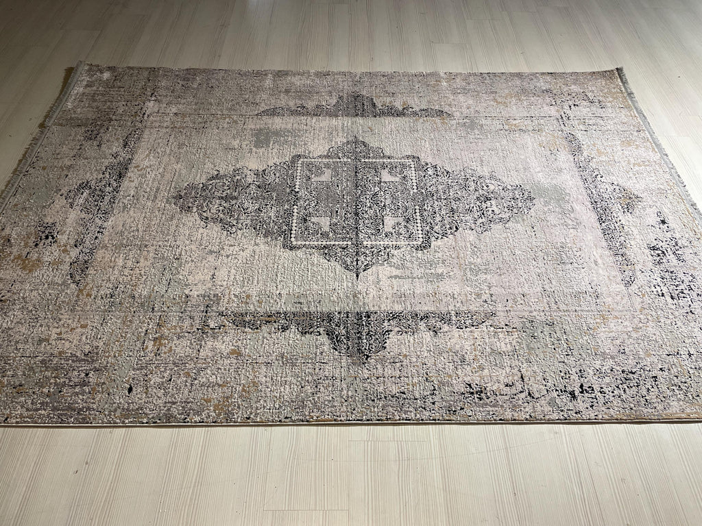 5x8 ft Beige Bamboo Rug, Distressed Medallion Area Rug, Neutral Living Room Carpet